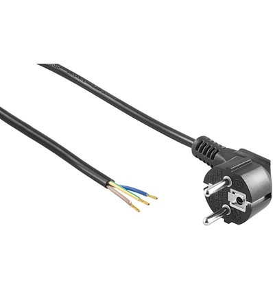 1,5 meter strømkabel - 250V, IP20 innendørs, Sort, Schuko-støpsel og avisolerte ledninger, 16A