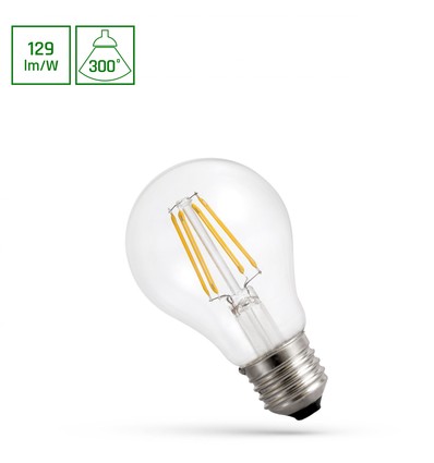 E27 8,5W LED pære - A60, filament, klart glass, 1100lm, varm hvit