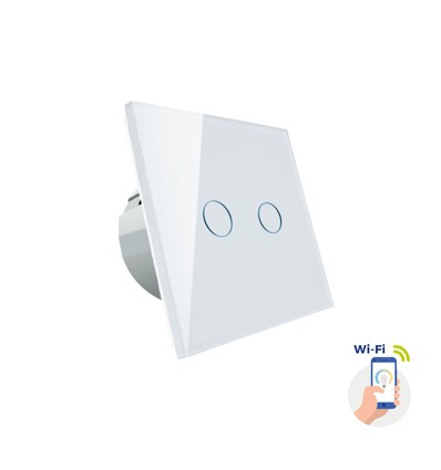 Smart 2-sone WiFi bryter - 2x1000W, hvitt glass, fungerer med Google Home/Alexa, IP20 innendørs