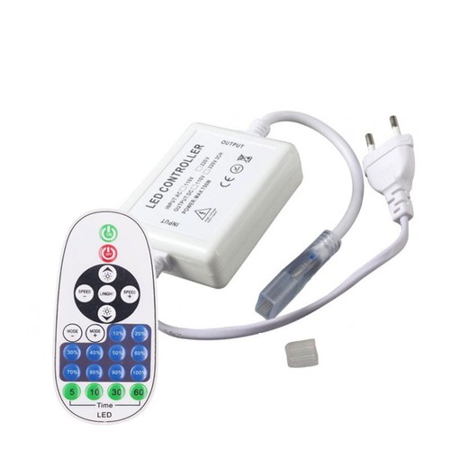 RF trådløs timer+demper med fjernkontroll - Inkl. endestykke, til 230V 8x16 CLIP-ON Neon Flex, minnefunksjon, maks. 50 m