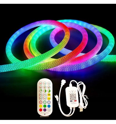 5m RGBIC Neon flex slange, komplett sett - Vevd tau, Bluetooth App, fjernkontroll, USB