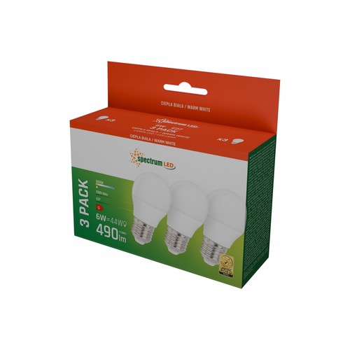 Spectrum 3-pak E27 6W LED pære - G45, Varm Hvit, 230V