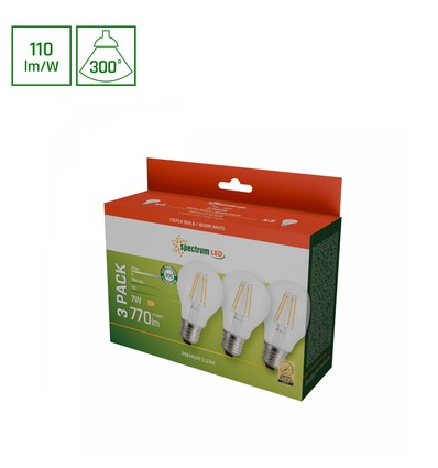 3 stk. E27 7W LED pære - GLS, filament, 770lm, varm hvit, 3-pak