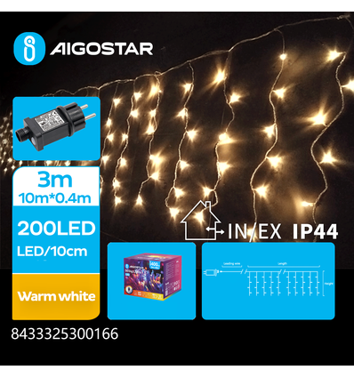 10m LED varm hvit lyskjede - 200 LED, 10x0,4m, 50 rekker, 8 lysprogrammer, IP44, transparent ledning