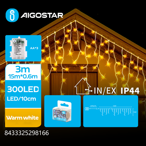 15m varm hvit batteri istapp lyskjede - 300 LED, 75 rader, 8 lysprogrammer, IP44, transparent ledning