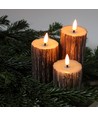 LED Tre-look blokklys 3 stk sett, smelte-look, flammeeffekt - Ø5,5cm, 10/12,5/15cm høy, Inkl fjernkontroll, ekte stearin