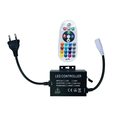 RGB 16x16 Neon flex kontroller med fjernkontroll - Inkl. endestykke, 230V, minnefunksjon, Radiostyrt, maks. 100 m