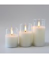 LED Blokklys sett i glass Ø7,5cm, 3 stk, flammeeffekt - Inkl. fjernkontroll og timer, 10/12,5/15cm høy, ekte stearin