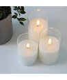 LED Blokklys sett i glass Ø7,5cm, 3 stk, flammeeffekt - Inkl. fjernkontroll og timer, 10/12,5/15cm høy, ekte stearin