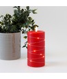 LED Blokklys med lyskjede, 15cm høy, flammeeffekt - Ø7,5cm, virker m. fjernkontroll, ekte stearin, rød