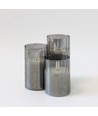 LED Blokklys sett i røykfarget glass Ø7,5cm, 3 stk, flammeeffekt - Inkl. fjernkontroll og timer, 10/12,5/15cm høy, ekte stearin