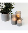 LED Blokklys sett i røykfarget glass Ø7,5cm, 3 stk, flammeeffekt - Inkl. fjernkontroll og timer, 10/12,5/15cm høy, ekte stearin