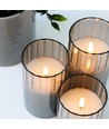 LED Blokklys sett i røykfarget glass Ø7,5cm, 3 stk, flammeeffekt - Inkl. fjernkontroll og timer, 10/12,5/15cm høy, ekte stearin