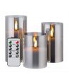 LED blokklys i gråtonet glass Ø7,5cm, 3 stk, flammeeffekt