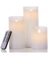 LED-kubbelys, 3 stk, Ø7,5cm, bevegelig flamme, hvit - Inkl. fjernkontroll og timer, 10/13/15cm høy, ekte voks