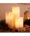 LED Blokklys, 3 stk, Ø7,5cm, bevegelig flamme, hvit - Inkl. fjernkontroll og timer, 10/15/20cm høy, ekte stearin