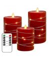 LED Blokklys 3 stk sett med lyskjede, flammeeffekt - Ø7,5cm, 10/12,5/15cm, inkl. fjernkontroll, timer, ekte voks, Rød
