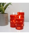 LED Blokklys 3 stk sett med lyskjede, flammeeffekt - Ø7,5cm, 10/12,5/15cm, inkl. fjernkontroll, timer, ekte voks, Rød