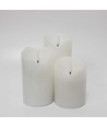 Sett med 3 stk. LED-kubbelys - flammeeffekt, hvit - Ø7,5cm, 10/12,5/15cm høy, fungerer m. fjernkontroll, timer, ekte stearin