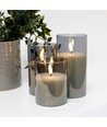 LED blokklys i gråtonet glass Ø7,5cm, 3 stk, flammeeffekt