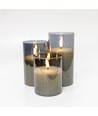 LED Blokklys sett i gråtonet glass Ø7,5cm, 3 stk, flammeeffekt - Inkl. fjernkontroll og timer, 10/12,5/15cm høy, ekte stearin