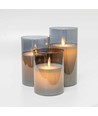LED blokklys i røykfarget glass Ø7,5cm, 3 stk, vippende flamme