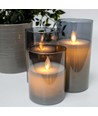 LED blokklys i røykfarget glass Ø7,5cm, 3 stk, vippende flamme