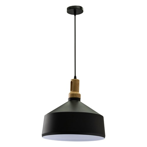 E27 pendel i sort jern med tretopp - Ø30 cm, Vintage serie, uten lyskilde