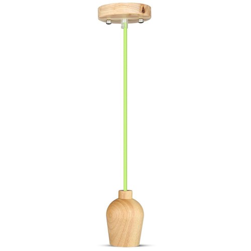 E27 pendel i valnøttre med grønn stoffledning - Ø7,3cm, 1 meter ledning, flott design