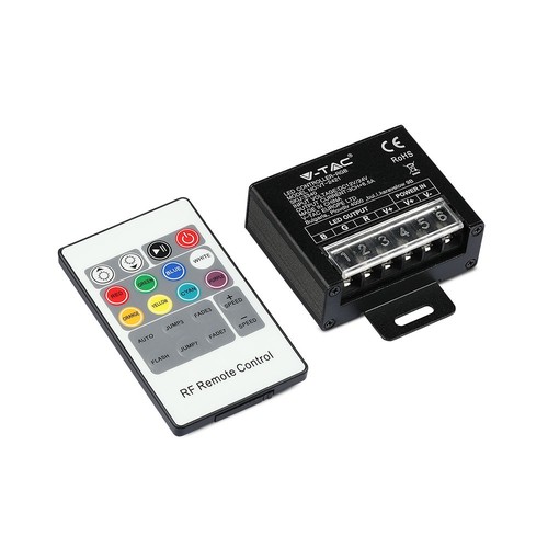 RGB LED controller med 20-knappers RF fjernkontroll - 12V/24V, 3 kanaler, max 480W, IP20