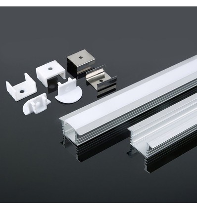 2m innfellingsprofil i aluminium med melkehvitt deksel - Sølv, 2000x24,5x12,2mm, til LED strips opptil 12,5mm bredde