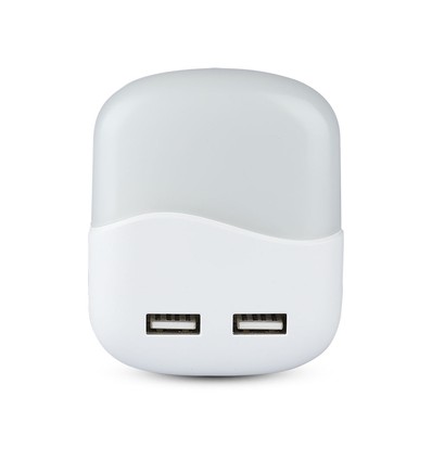 V-tac Nattlampe med USB - Automatisk tenning ved mørke, Samsung chip, 0,45W, 3000K, firkantet