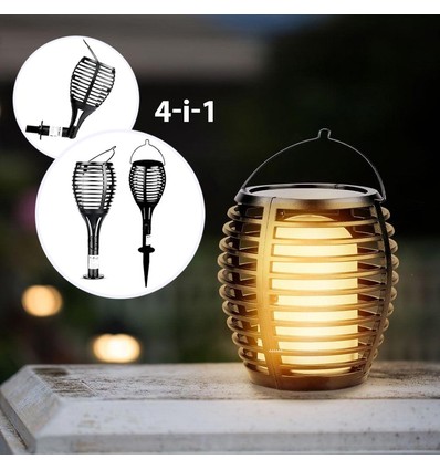 Solcelle luksus hagelampe 4-i-1 - Svart, med spyd, flammeeffekt, 65cm høy