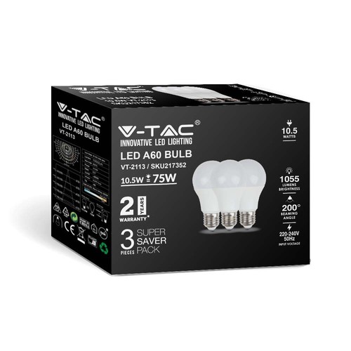 3 stk. E27 10,5W LED pære - A60, matt glass, 3000K, 1055lm, 3-pakning