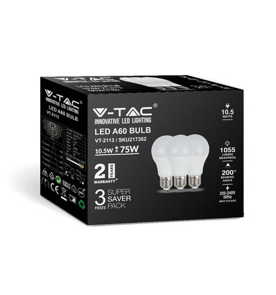 3 stk. E27 10,5W LED pære - A60, matt glass, 3000K, 1055lm, 3-pakning