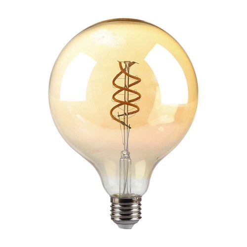 E27 6W dimbar LED spiral filamentpære - G125, Amber glass, 1800K, 300° lysspredning
