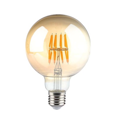 V-Tac G95 8W LED globepære - Kulltråd, Ø9,5 cm, ravfarget glass, ekstra varm hvit, 2200K, E27