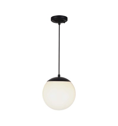 Ø20cm pendellampe, mattsort - IP44, E27 sokkel, opal hvit kule, aluminium og plast, uten lyskilde