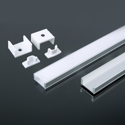 2m Alu profil til LED strips - Inkl. melkehvitt cover, monteringsklips og endestykker, sølv, IP20