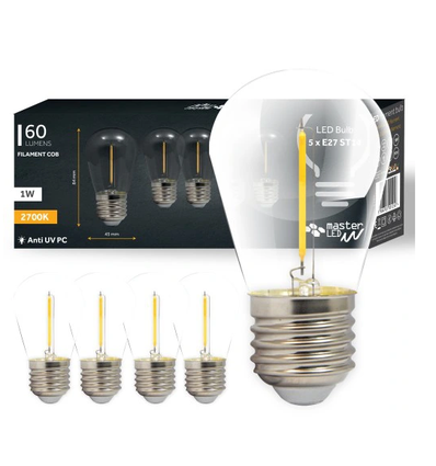 5 stk E27 1W LED-pære - ST14, COB filament