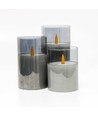 LED Blokklys sett i røkfarget glass Ø7,5cm, 3 stk, flammeeffekt - Inkl. fjernkontroll og timer, 10/12,5/15cm høy, ekte stearin