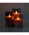LED Blokklys sett i røkfarget glass Ø7,5cm, 3 stk, flammeeffekt - Inkl. fjernkontroll og timer, 10/12,5/15cm høy, ekte stearin