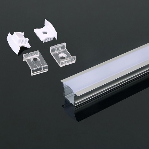 2m innbyggingsprofil i aluminium - Inkl. melkehvitt deksel, endestykker og klips, sølv, til LED strips