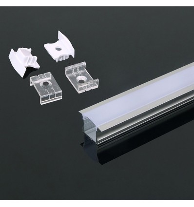 2m innbyggingsprofil i aluminium - Inkl. melkehvitt deksel, endestykker og klips, sølv, til LED strips