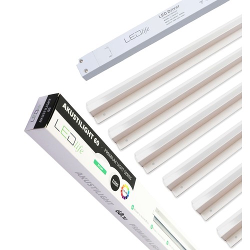 Troldtekt LED dimbar Skinnesett 6x60 cm - Planforsenket, Fjernkontroll dimbar, Akustilight inkl. ledninger og driver