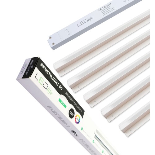 Trebetong/gips LED dimbar Skinnesett 5x90cm - Innfelt, Fjernkontroll dimbar, Akustilight inkl. ledninger og driver