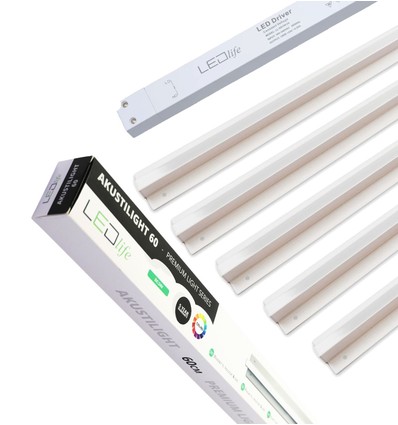 Trebetong/gips LED dimbar Skinnesett 5x90cm - Innfelt, Fjernkontroll dimbar, Akustilight inkl. ledninger og driver