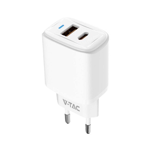 20W Travel Adapter med PD og QC - Hvit, 1x PD port, 1x QC port