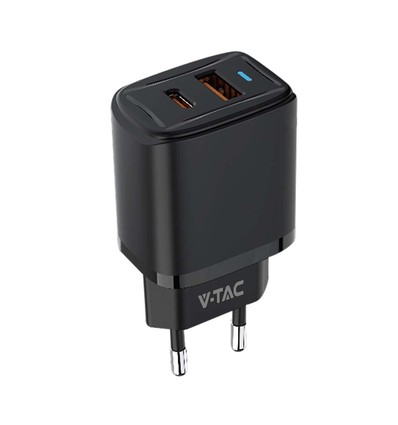 20W USB reiseadapter med PD og QC - Sort, hurtiglader, 1x USB-A og 1x USB-C PD