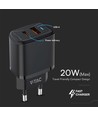 20W USB reiseadapter med PD og QC - Sort, hurtiglader, 1x USB-A og 1x USB-C PD